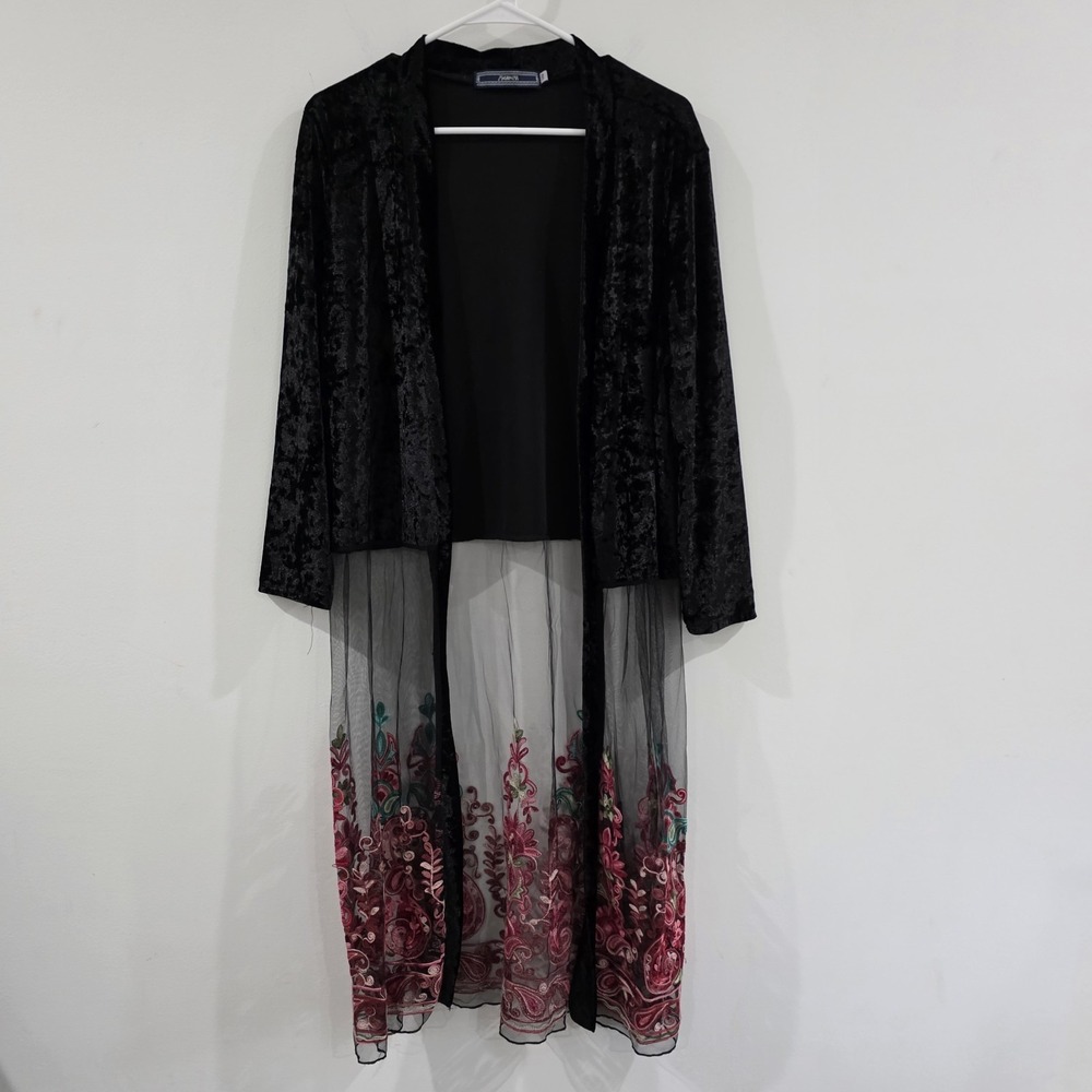 Highness Womens Crushed Velvet Floral Embroidered Kimono Size Small Fairy Boho
